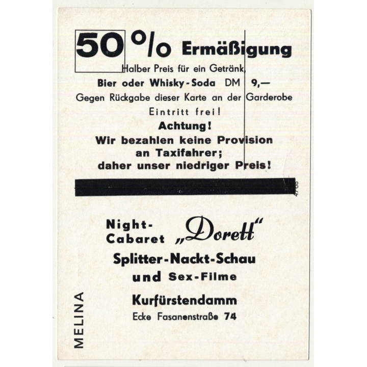 Nude Showgirl Melina / Night-Cabaret Dorett - Kurfürstendamm (Vintage PC Berlin 1960s)