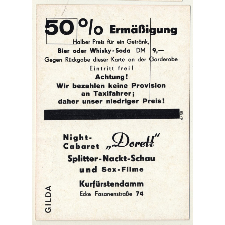 Nude Showgirl Gilda / Night-Cabaret Dorett - Kurfürstendamm (Vintage PC Berlin 1960s)