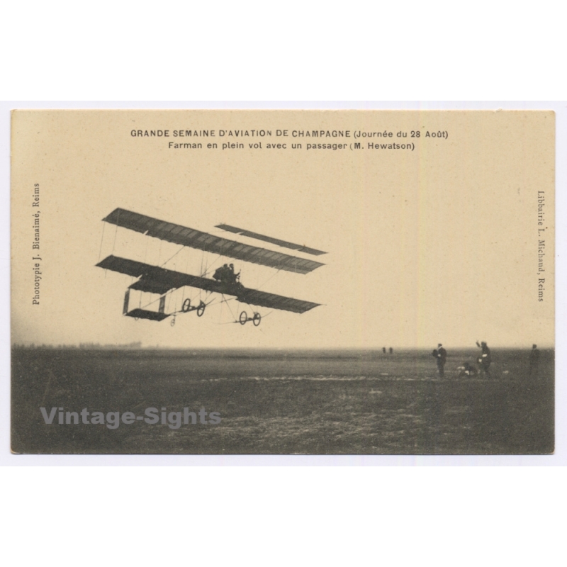 Reims / France: Grande Semaine Aviation Farman Biplane Passenger Hewatson (Vintage PC 1909)