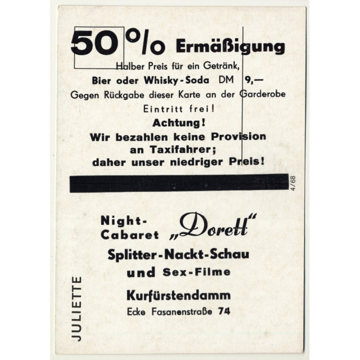 Nude Showgirl Juliette / Night-Cabaret Dorett - Kurfürstendamm (Vintage PC Berlin 1960s)