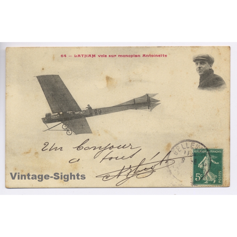 Aviation: Hubert Latham Antoinette Monoplane Belleyme Postmarked (Vintage PC 1910)