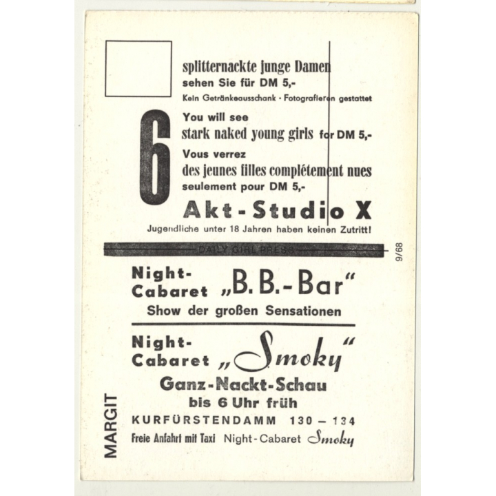 Nude Showgirl Margit / Night-Cabaret B. B. Bar - Kurfürstendamm (Vintage PC Berlin 1960s)