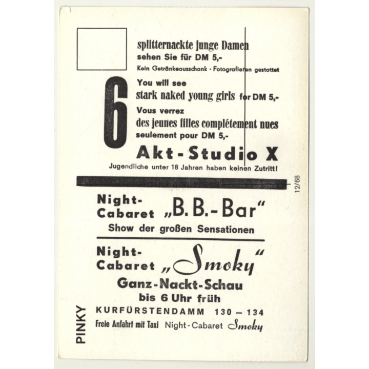 Nude Showgirl Pinky / Night-Cabaret B. B. Bar - Kurfürstendamm (Vintage PC Berlin 1960s)