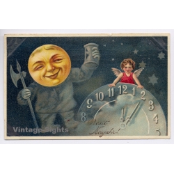 New Year: Anthropomorphic Moon Clock Angel Man In The Moon (Vintage PC 1900)