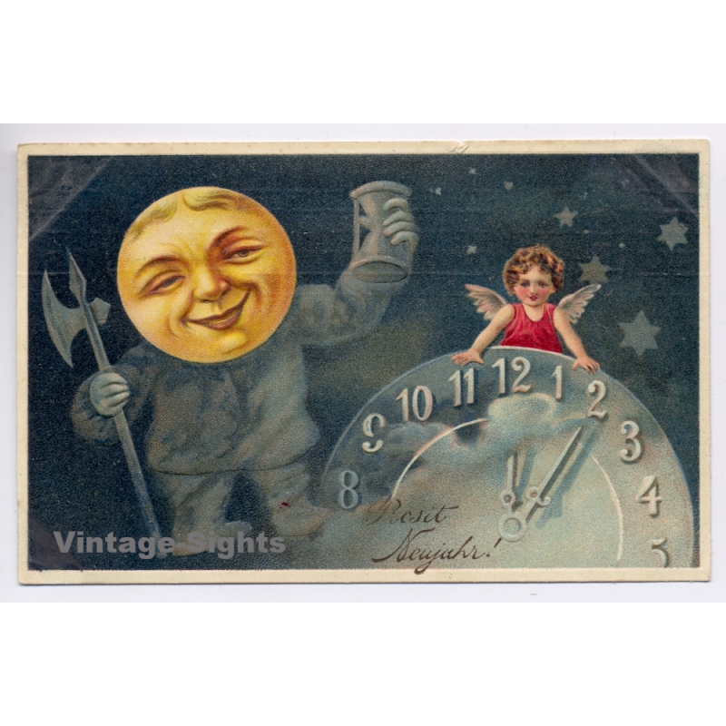 New Year: Anthropomorphic Moon Clock Angel Man In The Moon (Vintage PC 1900)