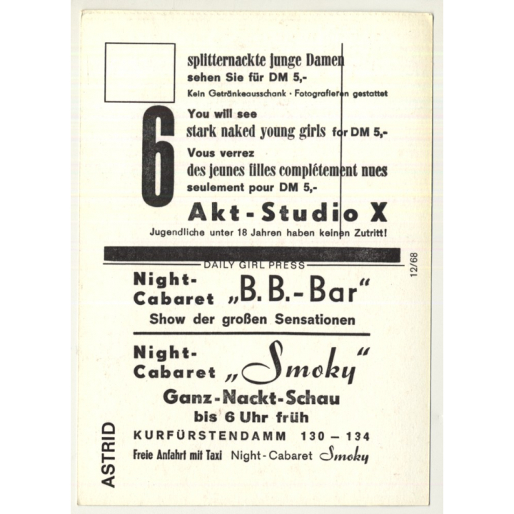 Nude Showgirl Astrid / Night-Cabaret B. B. Bar - Kurfürstendamm (Vintage PC Berlin 1960s)