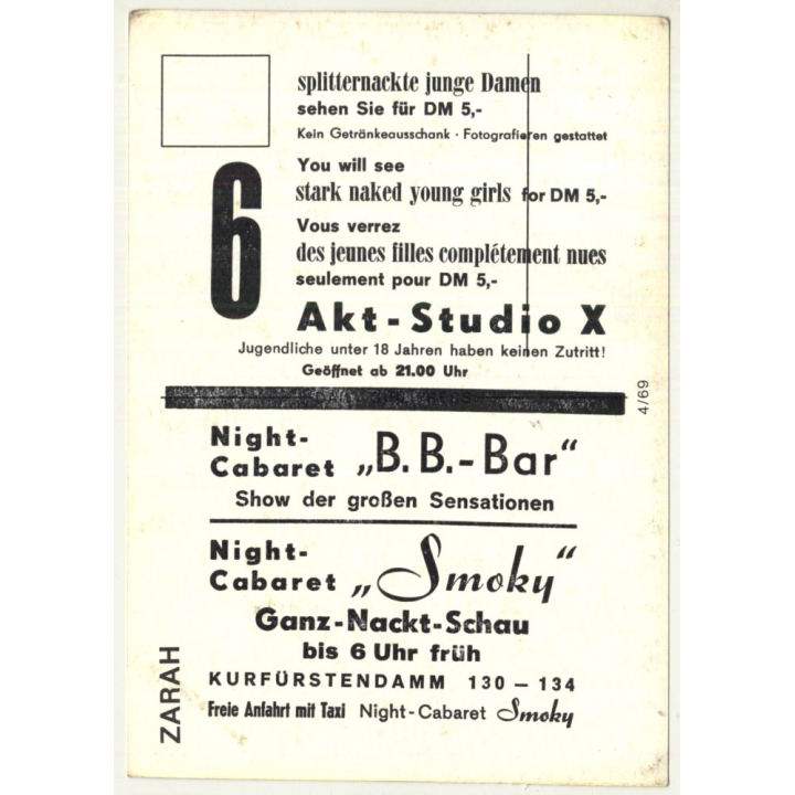 Nude Showgirl Zarah / Night-Cabaret B. B. Bar - Kurfürstendamm (Vintage PC Berlin 1960s)