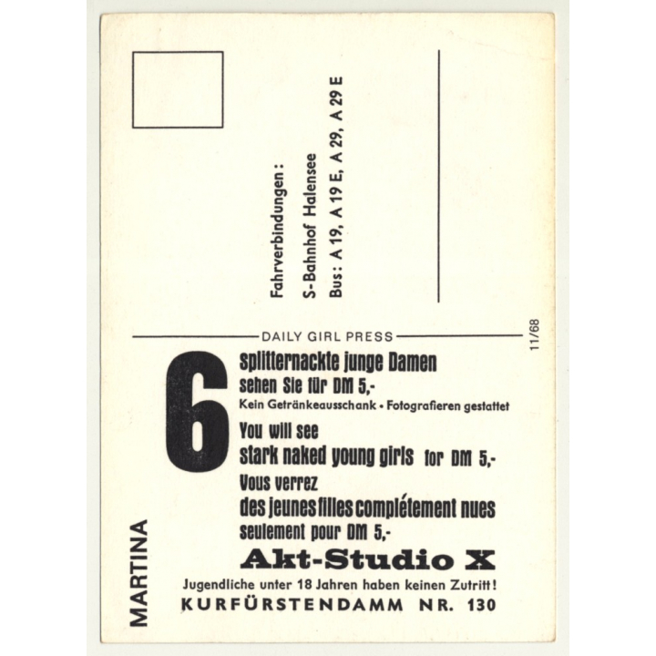 Nude Showgirl Martina / Akt-Studio X - Kurfürstendamm (Vintage PC Berlin 1960s)