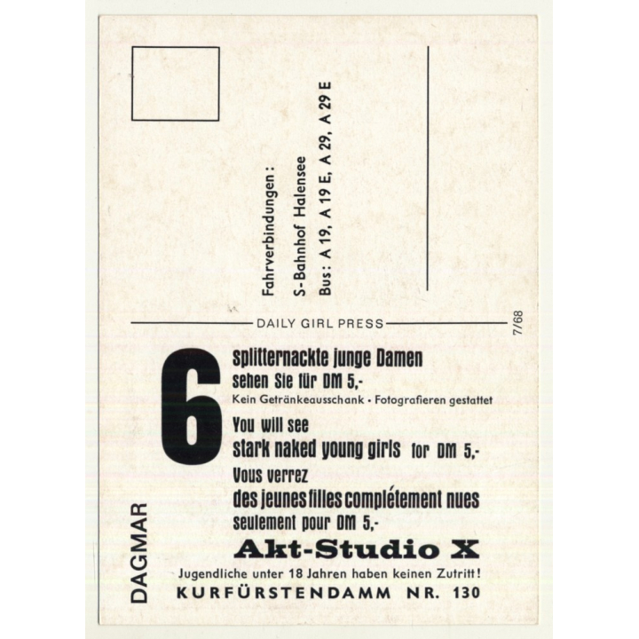 Nude Showgirl Dagmar / Akt-Studio X - Kurfürstendamm (Vintage PC Berlin 1960s)