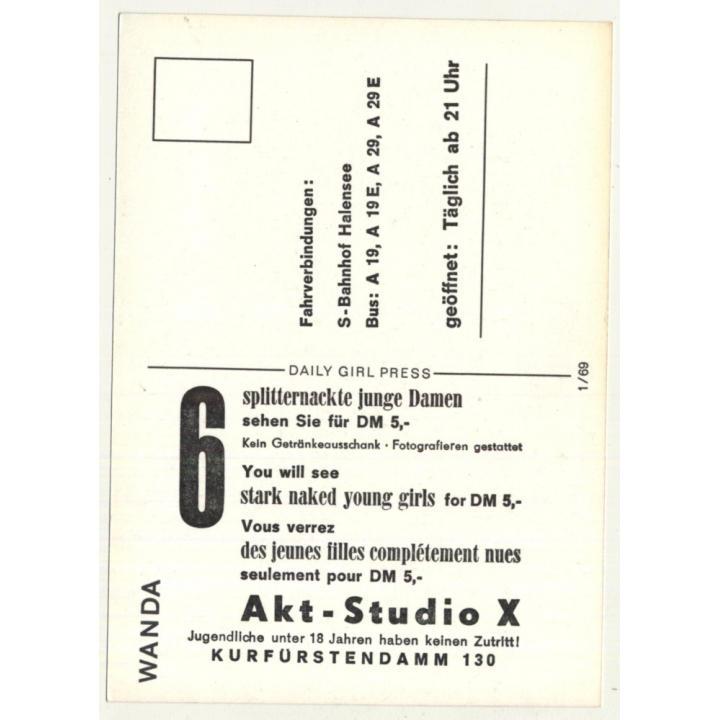 Nude Showgirl Wanda / Akt-Studio X - Kurfürstendamm (Vintage PC Berlin 1960s)