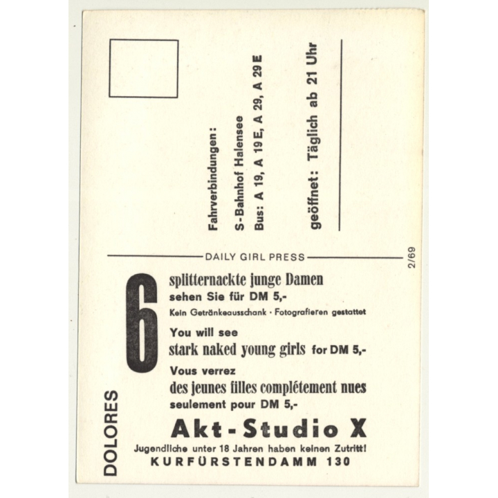 Nude Showgirl Dolores / Akt-Studio X - Kurfürstendamm (Vintage PC Berlin 1960s)
