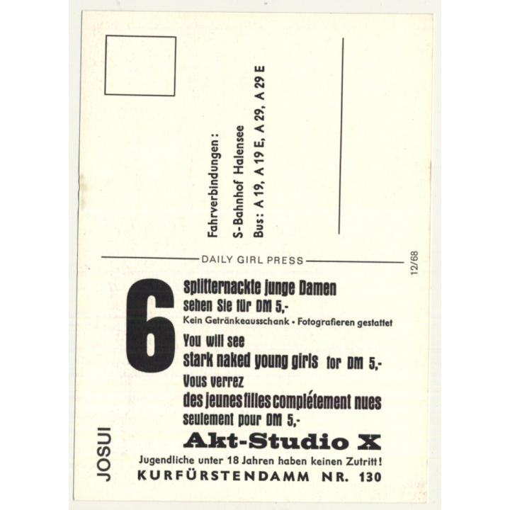 Nude Showgirl Josui / Akt-Studio X - Kurfürstendamm (Vintage PC Berlin 1960s)