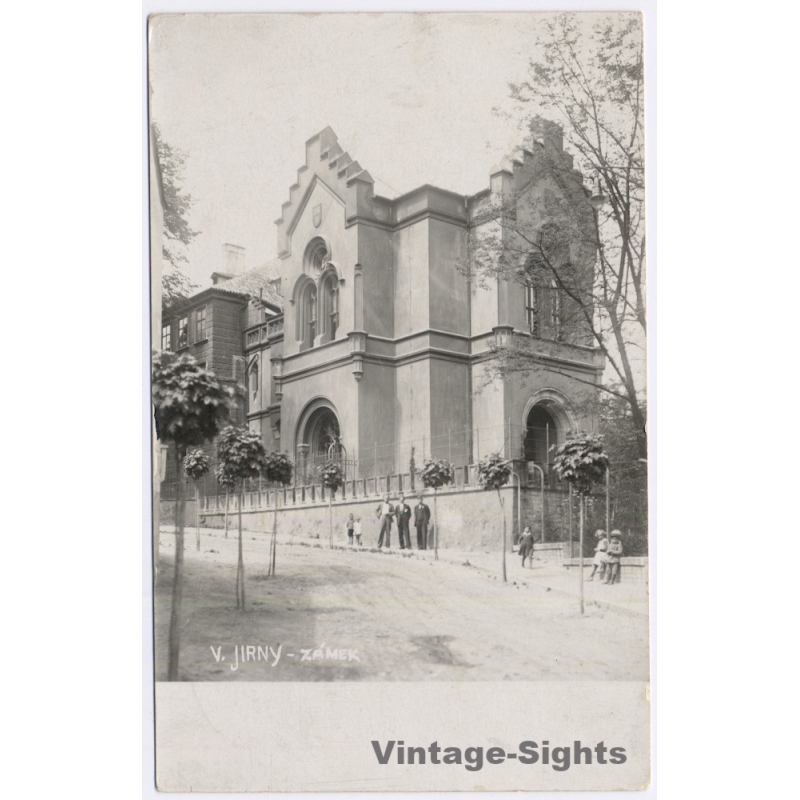 Jirny / Czechia: Neo-Gothic Castle Zamek View With People (Vintage RPPC ~1910s)