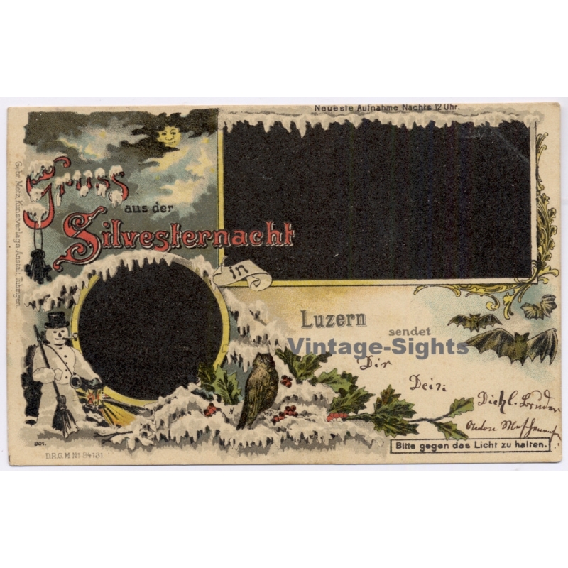 Luzern (Lucerne) / Switzerland: Gruss aus der Silvesternacht (Vintage Hold to Light PC 1898)