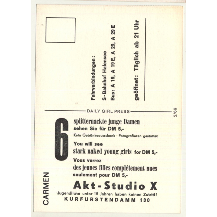 Nude Showgirl Carmen / Akt-Studio X - Kurfürstendamm (Vintage PC Berlin 1960s)