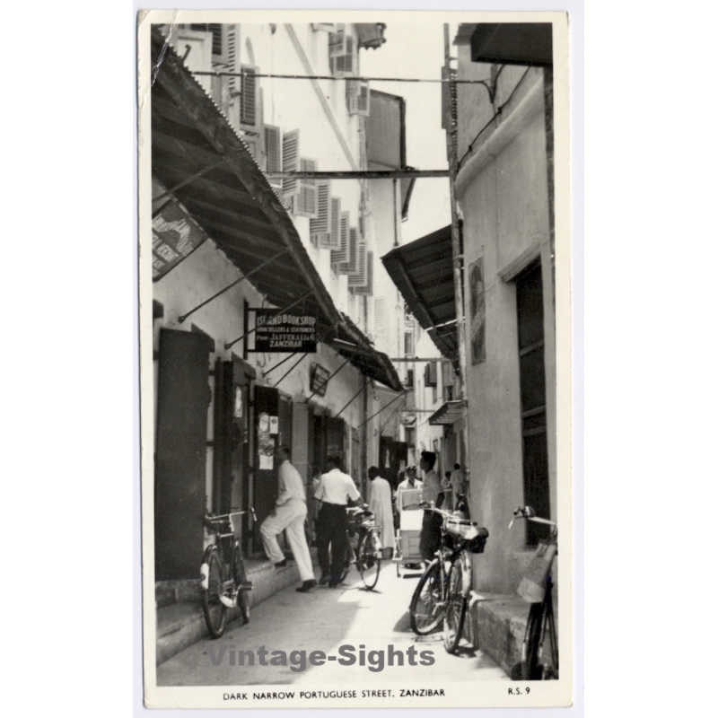 Zanzibar: Dark Narrow Portuguese Street & Island Book Shop Leap Year 29 Feb (Vintage RPPC 1960)
