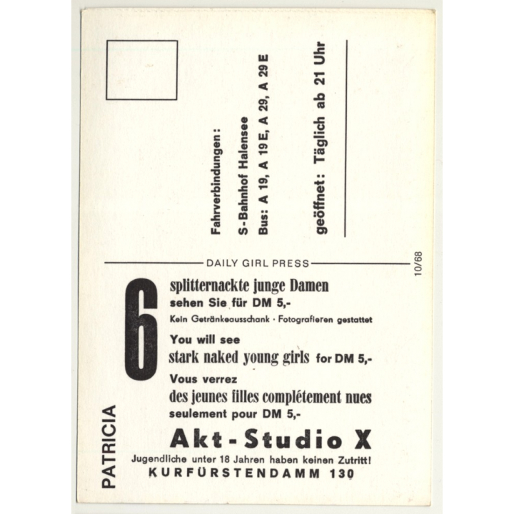 Nude Showgirl Patricia / Akt-Studio X - Kurfürstendamm (Vintage PC Berlin 1960s)