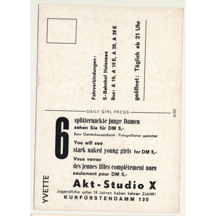 Nude Showgirl Yvette / Akt-Studio X - Kurfürstendamm (Vintage PC Berlin 1960s)
