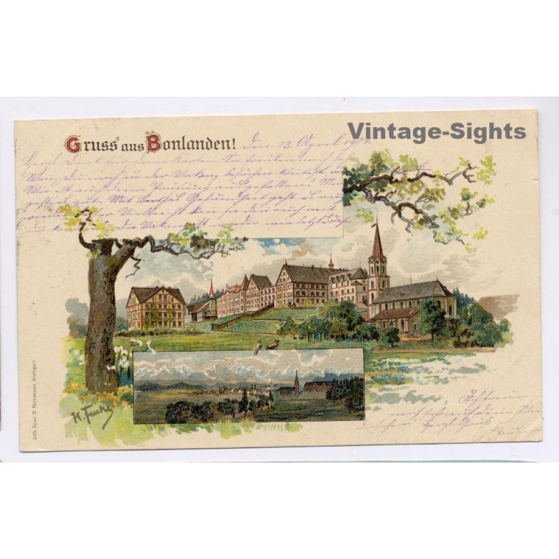 Filderstadt Bonlanden / Germany: Church Panorama Württemberg Stamp (Vintage PC Litho 1901)