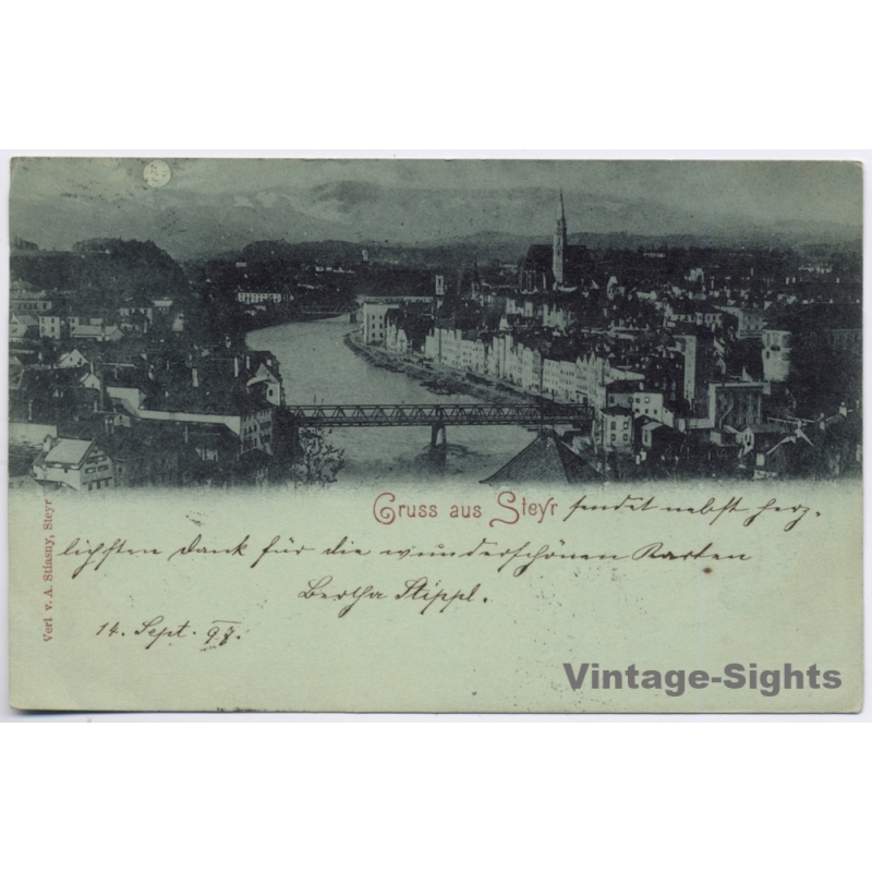 Steyr / Austria: Gruss Moonlight Night View Mondschein Correspondenz (Vintage PC 1897)