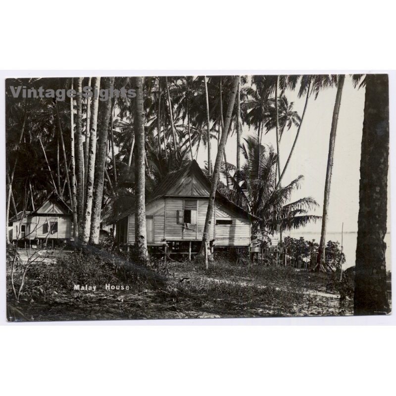 Malaysia: Malay House Traditional Village Palms (Vintage RPPC ~1920s/1930s)