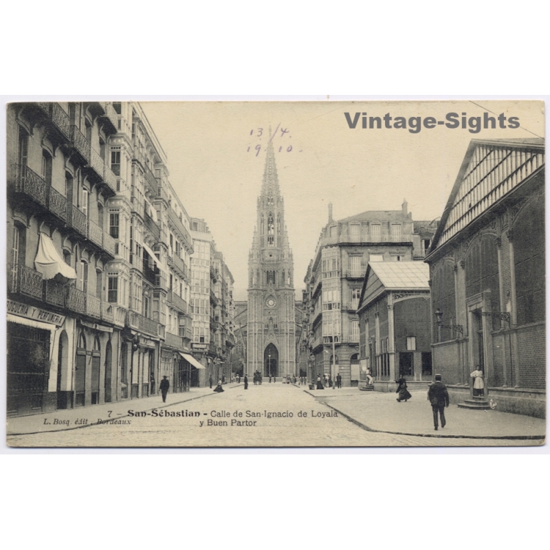 San Sebastian / Spain: Buen Pastor Cathedral Street Scene Train Incident (Vintage PC 1910)