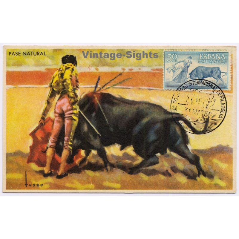 Spain: Bullfighting Pase Natural Tuser - Barcelona Congress 50 cts Maximum Card (Vintage PC 1960)