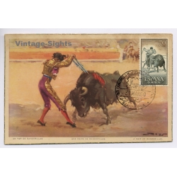 Spain: Bullfighting Banderillas Reus Art - Barcelona Congress 70 cts Maximum Card (Vintage PC 1960)