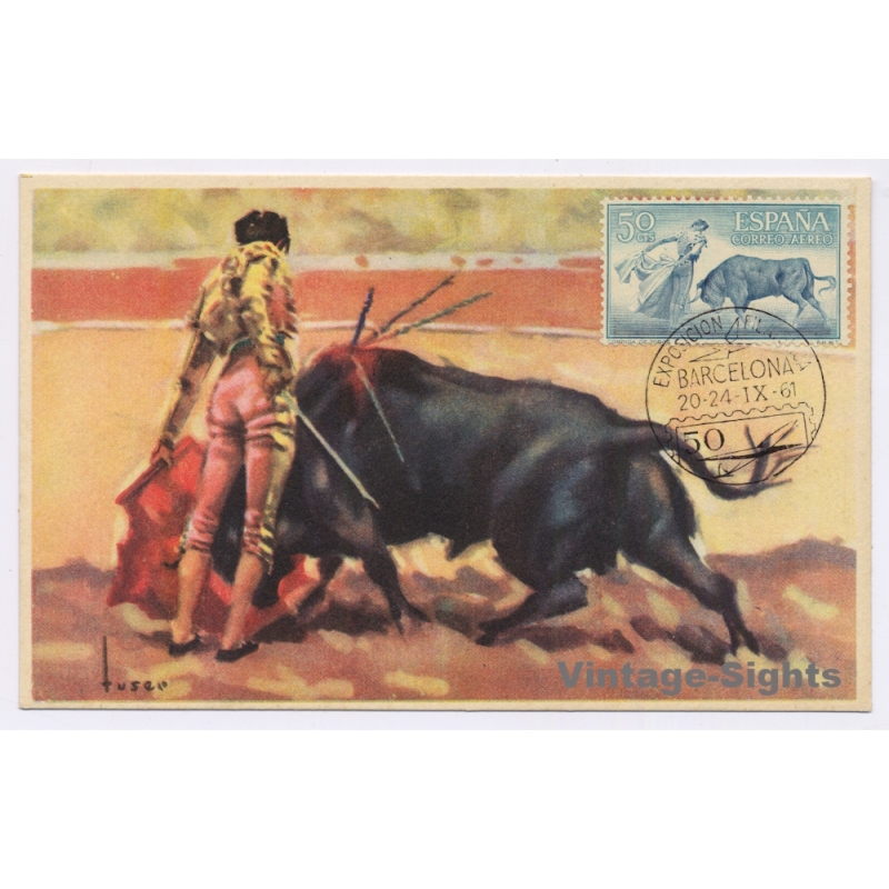 Spain: Bullfighting Pase Natural Tuser Chest Pass - Barcelona Exhibition 50 Cts Maximum Card (Vintage PC 1961)