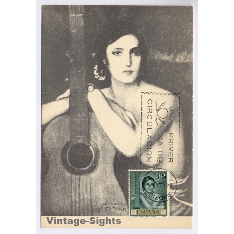 Spain: Julio Romero De Torres Niña De La Guitarra - First Day Cancellation Maximum Card (Vintage PC 1965)