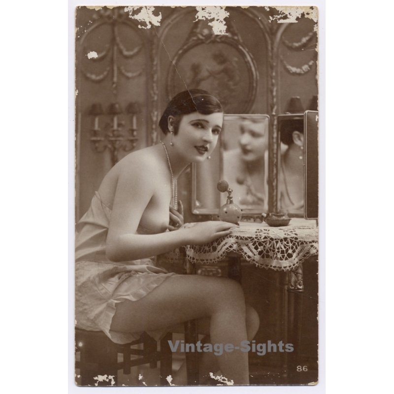 Topless Flapper Beauty Dressing Table - French Erotic Boudoir (Vintage RPPC 1927)