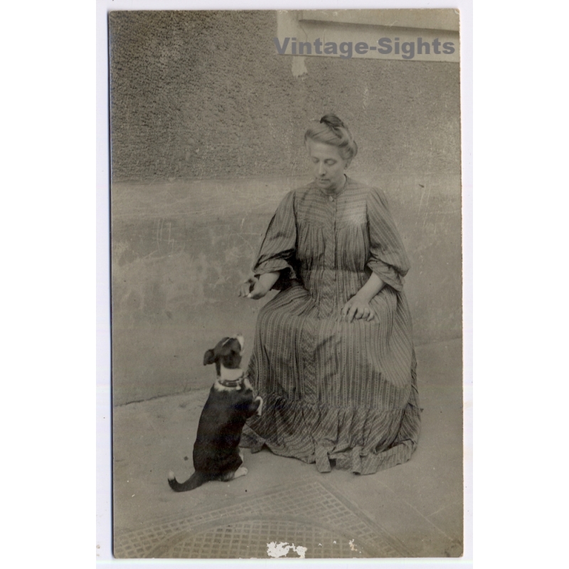 France: Edwardian Lady Dress Training Cute Dog (Vintage RPPC 1900s/1910s)