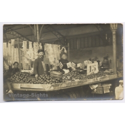 France: Les Halles Covered Food Market Stall Vendors Fruits Marché (Vintage RPPC 1900s/1910s)