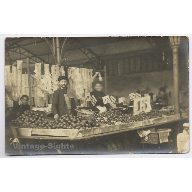 France: Les Halles Covered Food Market Stall Vendors Fruits Marché (Vintage RPPC 1900s/1910s)