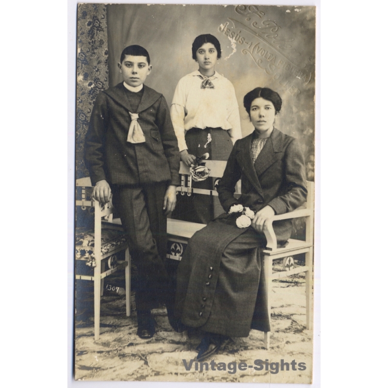 Soller / Mallorca: Family Frontera Portrait Sailor Suit Archive F Oliver (Vintage RPPC ~1920s)
