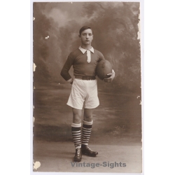 Young French Football Rugby Player Kit Ball Boots (Vintage RPPC ~1910s)