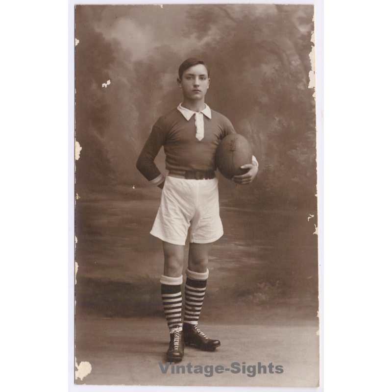 Young French Football Rugby Player Kit Ball Boots (Vintage RPPC ~1910s)