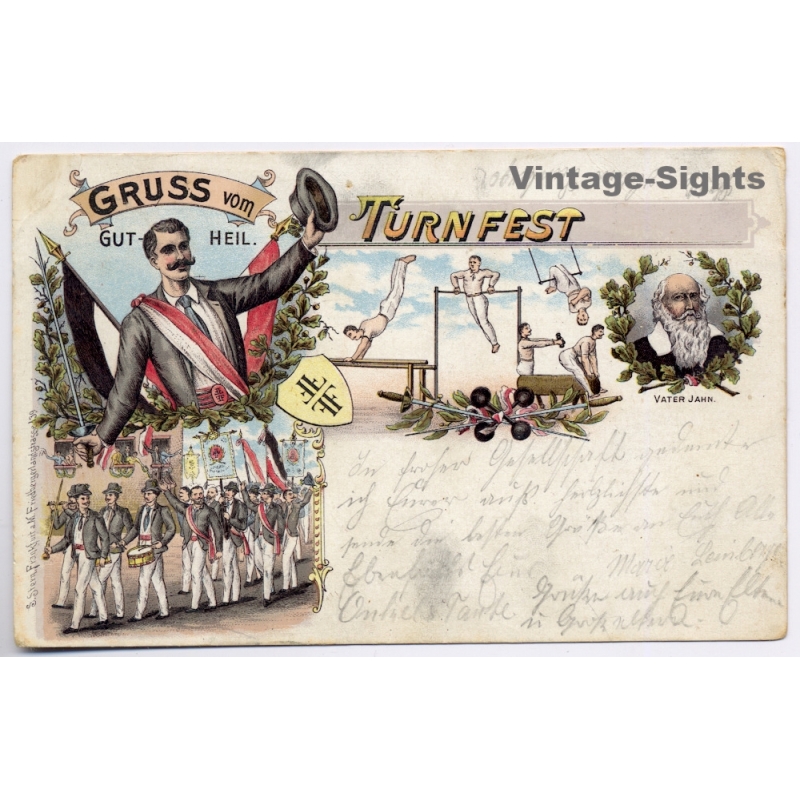 Gymnastics: Gruss Vom Turnfest Vater Jahn Gut Heil Stuttgart (Vintage PC Litho 1896)