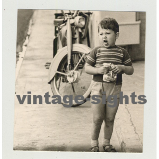 French Boy Eating Sweets & Making Funny Faces / Mobilette (Vintage Photo 1967)