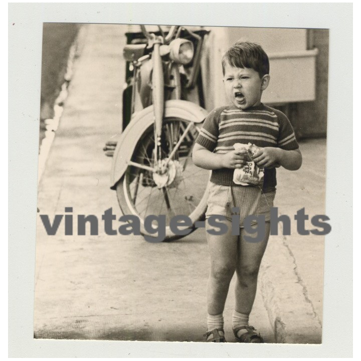 French Boy Eating Sweets & Making Funny Faces / Mobilette (Vintage Photo 1967)