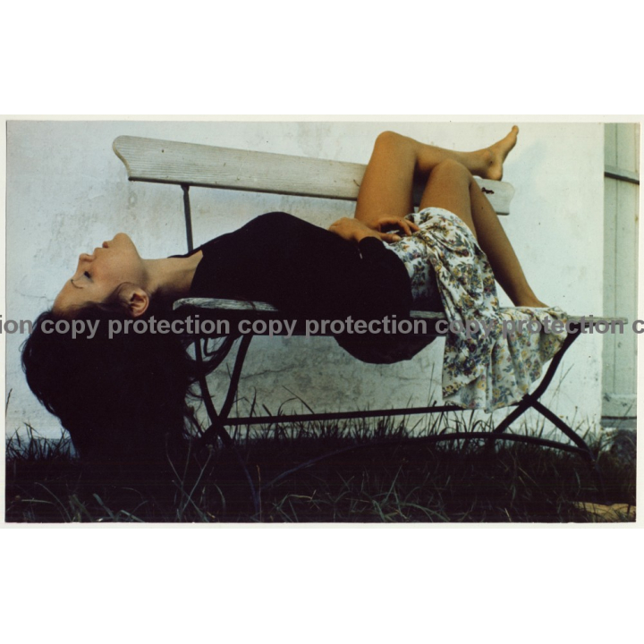 Darkhaired Beauty Rests On Wooden Bench (Large Vintage Photo Master 1980s)