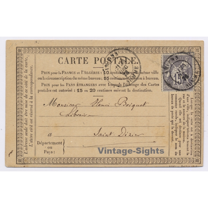 France: Early Postal Card 1876 St. Achuel to Saint Dizier 15 c Black Stamp (Vintage GC)