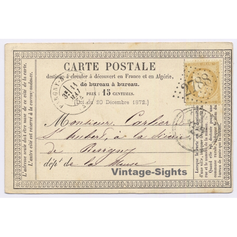 France: Early Postal Card 1874 Pargny Sur Saulx To Meuse 15 c Cérès Stamp (Vintage GC)