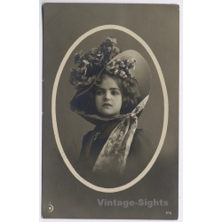 Portrait Beautiful Young Girl Floral Hat (Vintage RPPC 1912)