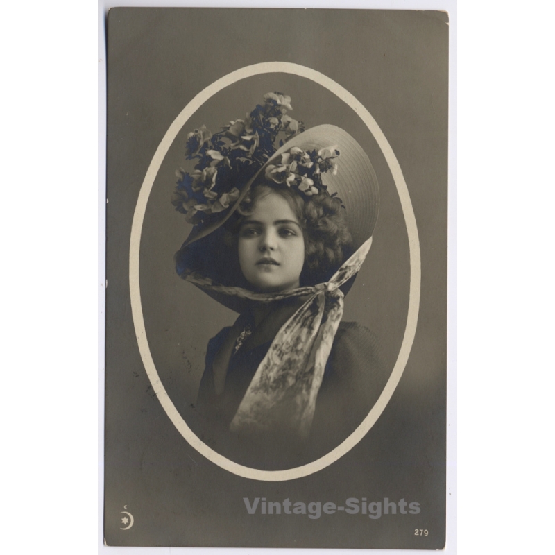 Portrait Beautiful Young Girl Floral Hat (Vintage RPPC 1912)