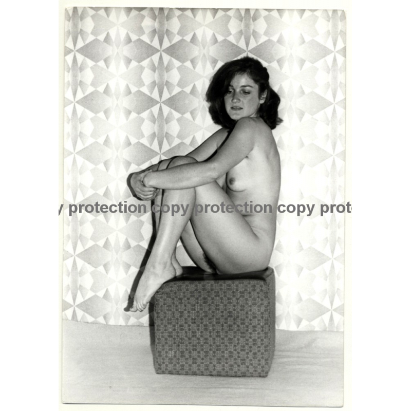 Nude Female On Cube / 70s Curtains (Vintage Photo B/W GDR 1970s)