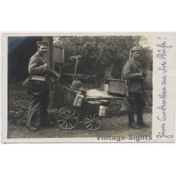WWI: German Soldiers Accordion Wicker Pram Rifle Feldpost (Vintage RPPC 1916)