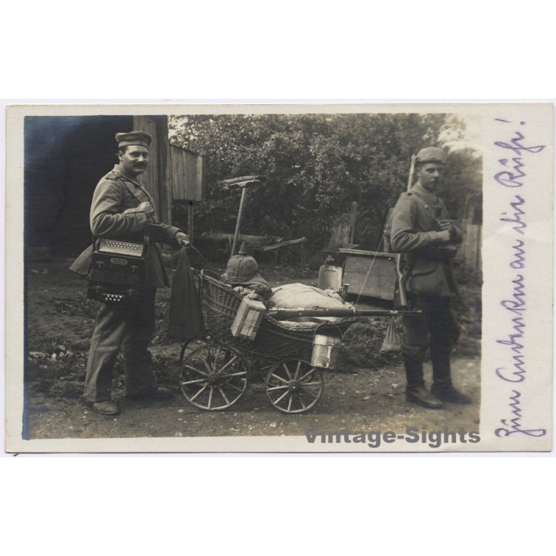 WWI: German Soldiers Accordion Wicker Pram Rifle Feldpost (Vintage RPPC 1916)