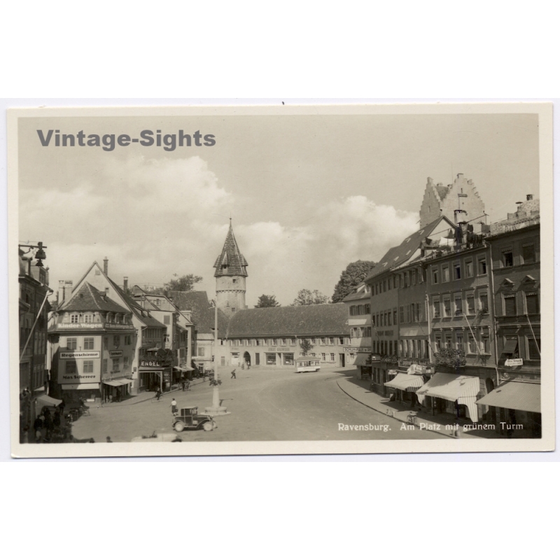 Ravensburg / Germany: Am Platz Grüner Turm Green Tower Street View (Vintage RPPC ~1920s/1930s)