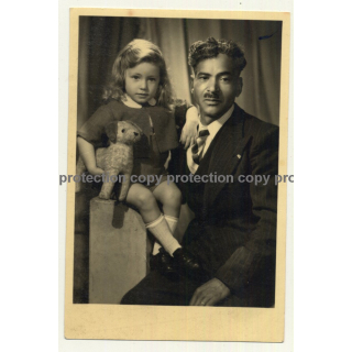 Elegant Daddy & Sweet Daughter With Stuffed Dog (Vintage Photo ~ 1930s)